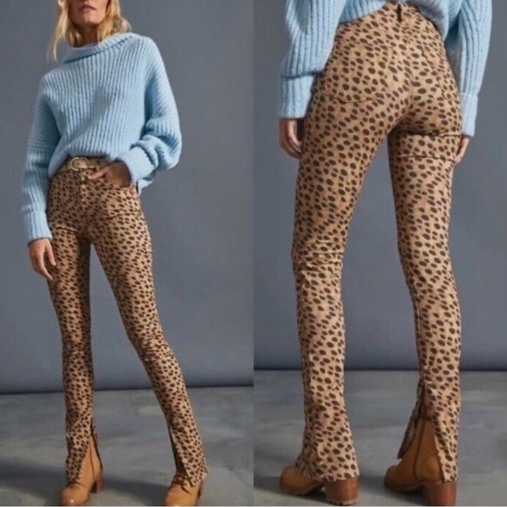 WeWoreWhat High Rise Leopard Print Jeans Slit Skinny Jeans in Cheetah Brown